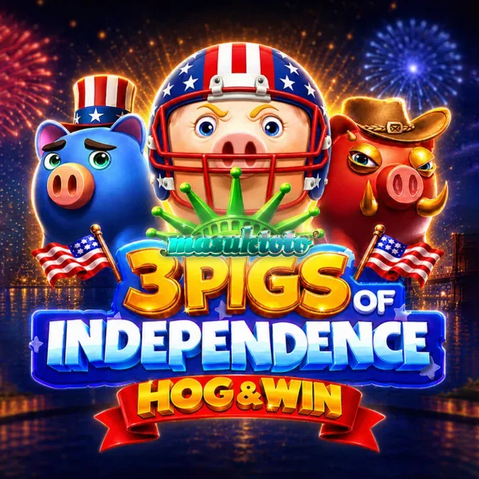 Tampilan antarmuka seluler dari slot 3 Pigs of Independence Hog & Win dengan tema patriotik.